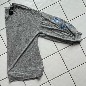 Lane Bryant Gray Crewneck Sweatshirt with Blue Floral embroidery on the Sleeves